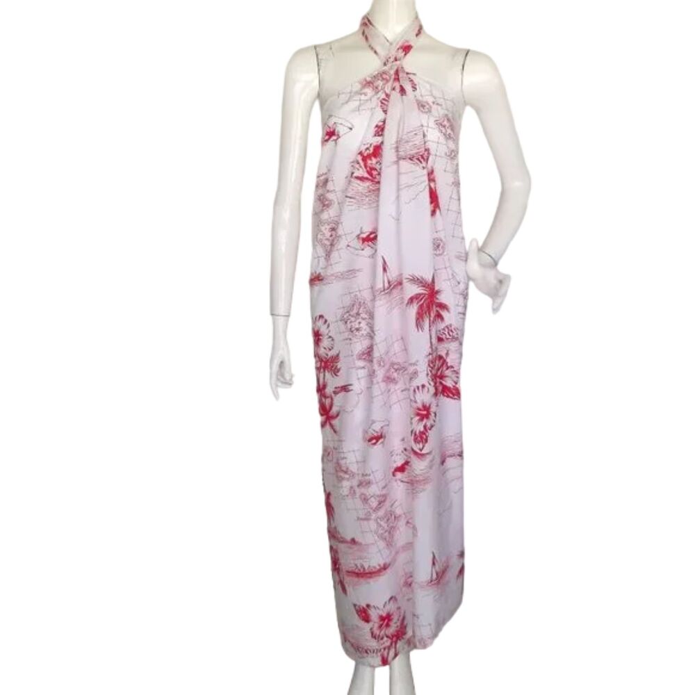 HELENA'S Pareo/Maxi Dress, OS, White/Red print, Versatile, Map, Trees, Floral
